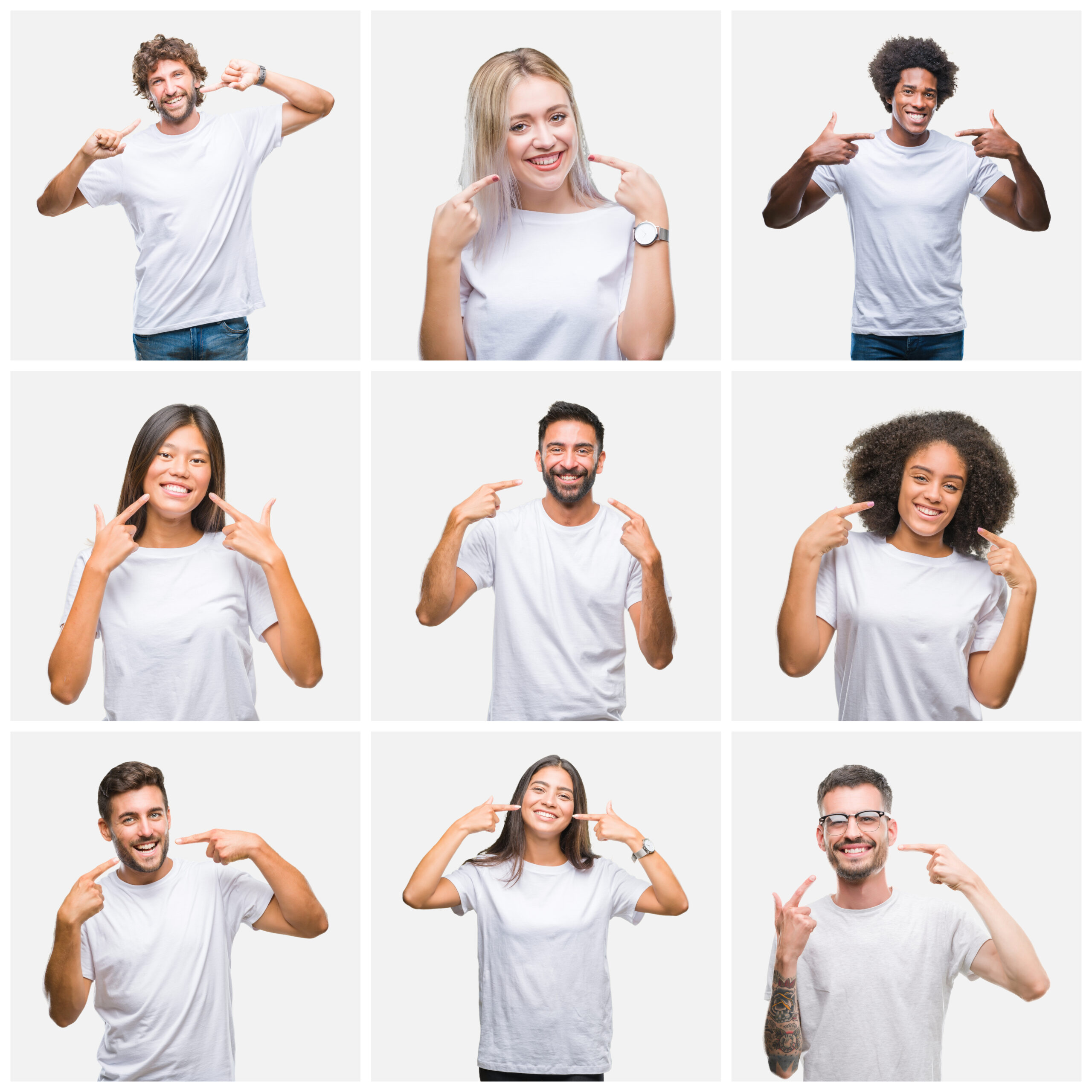 Collage of group of people wearing casual white t-shirt over isolated background smiling confident showing and pointing with fingers teeth and mouth. Health concept.